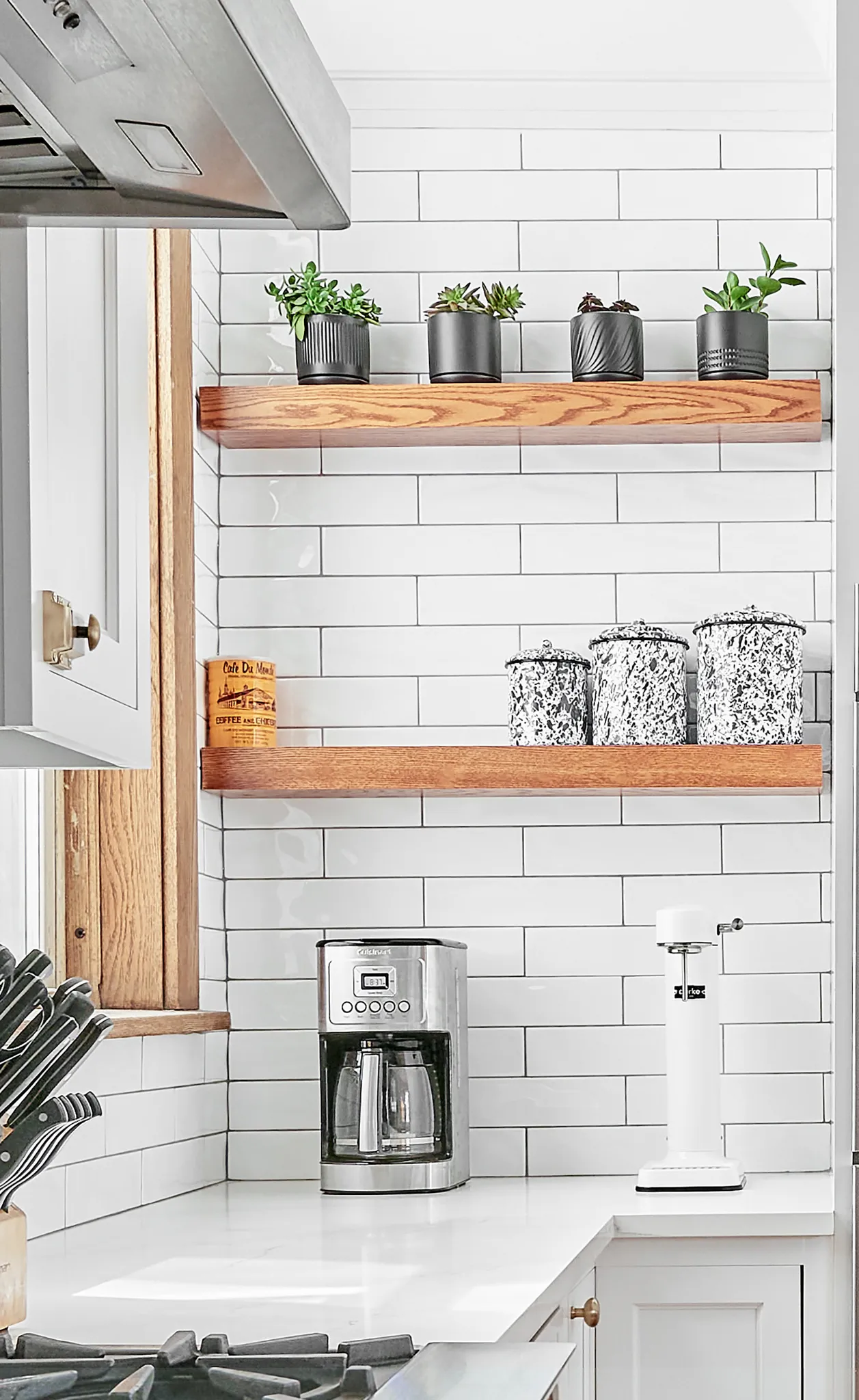 Subway backsplash and wooden shelves